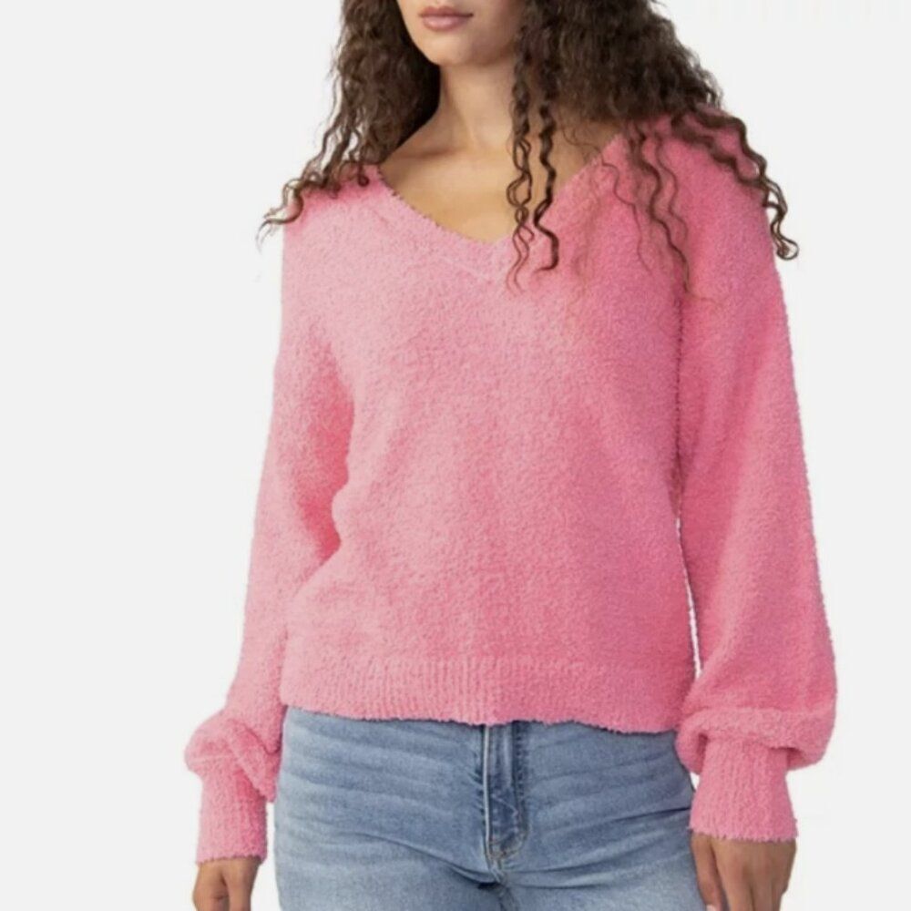 Sanctuary Pink Bouclé V-Neck Fuzzy Popcorn Knit Sweater Size S